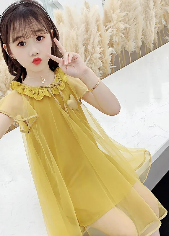 off-shoulder dressFashion Yellow O-Neck Wrinkled Tulle Kids Long Dress Summer