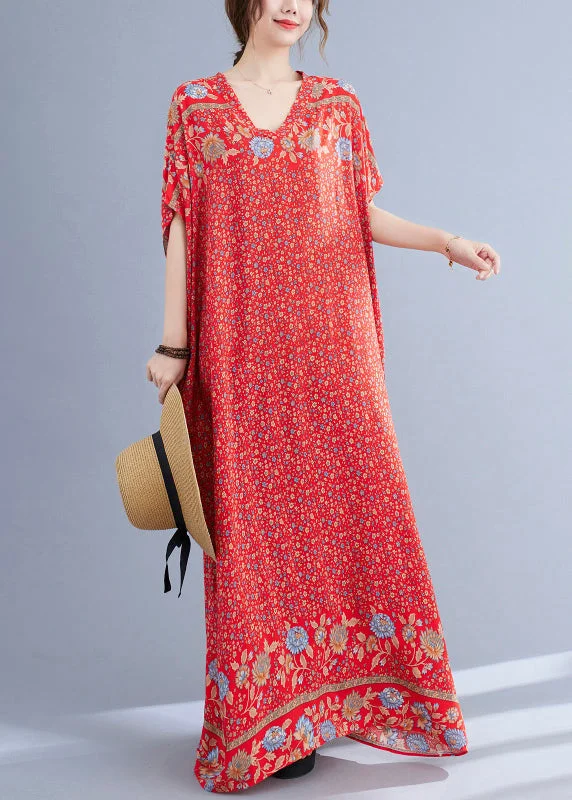 fitted cocktail dressBoho Red V Neck Print Cotton Holiday Long Dress Summer