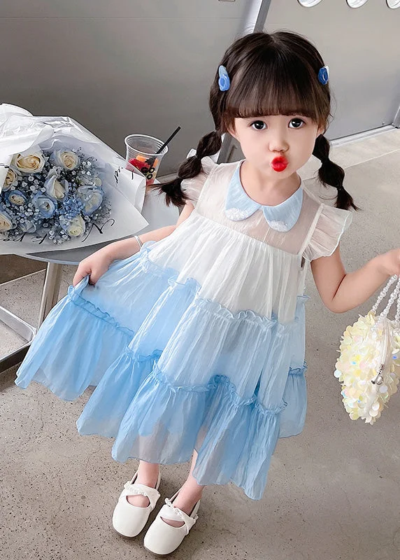 elegant dressBlue Peter Pan Collar Kids Tulle Long Dresses Summer