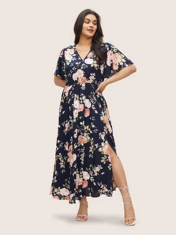 stylish party dressBloom Dress - Flutter Sleeve Ditsy Floral Pocket Split Maxi Dress