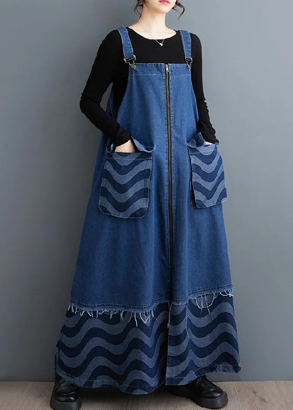 long sleeve dressStylish Blue Zip Up Patchwork Denim Strap Dresses Spring