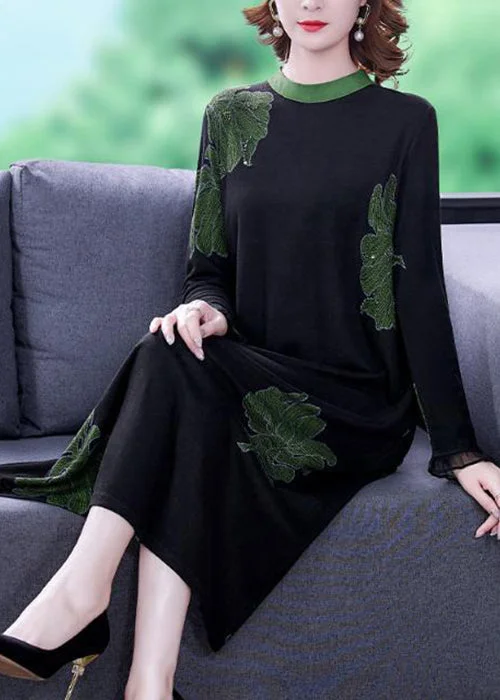 winter dressNew Black O Neck Print Pockets Knitting Cotton Dresses Long Sleeve