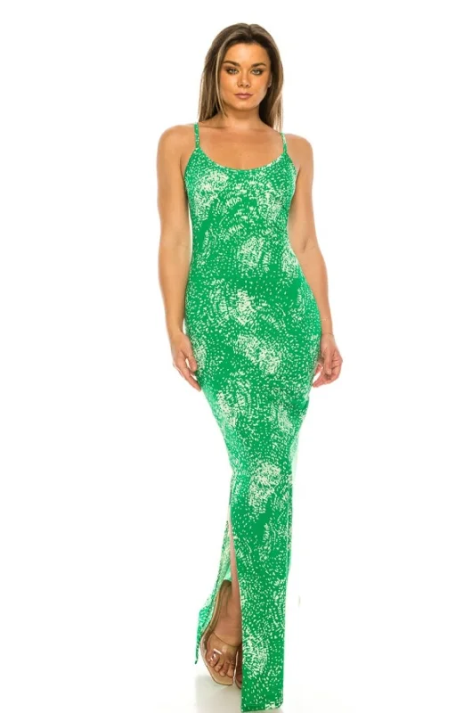 elegant shift dressGreen floral print side slit maxi dress