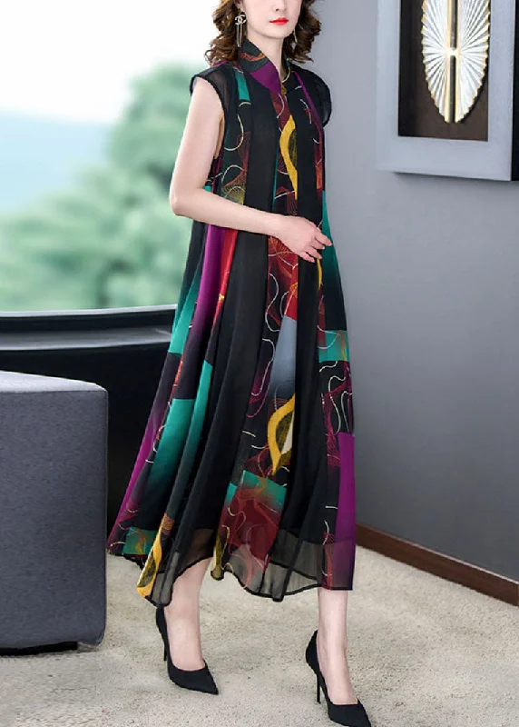 comfy maxi dressStylish Colorblock Stand Collar Print Wrinkled Patchwork Chiffon Dress Summer