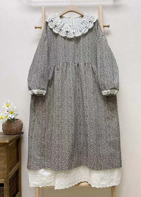 trendy wrap dressLoose Dark Gray Hollow Out Print Cotton Long Dresses Long Sleeve