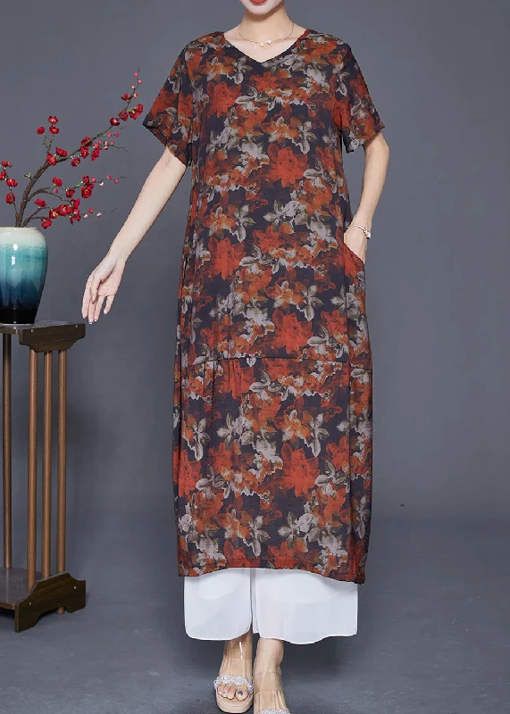 flowy evening dressFrench Red Floral Patchwork Linen Straight Dress Summer