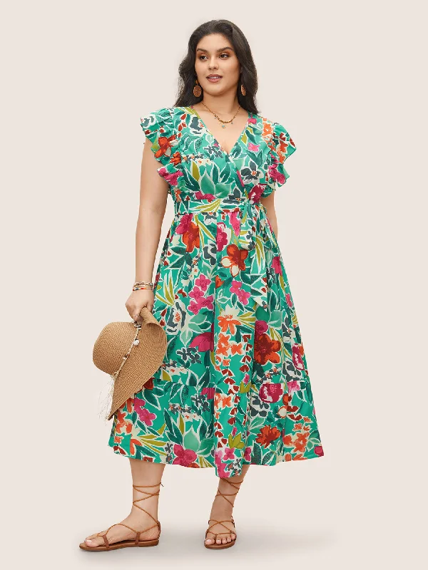 comfy dressFloral Wrap Patchwork Ruffle Cap Sleeve Dress