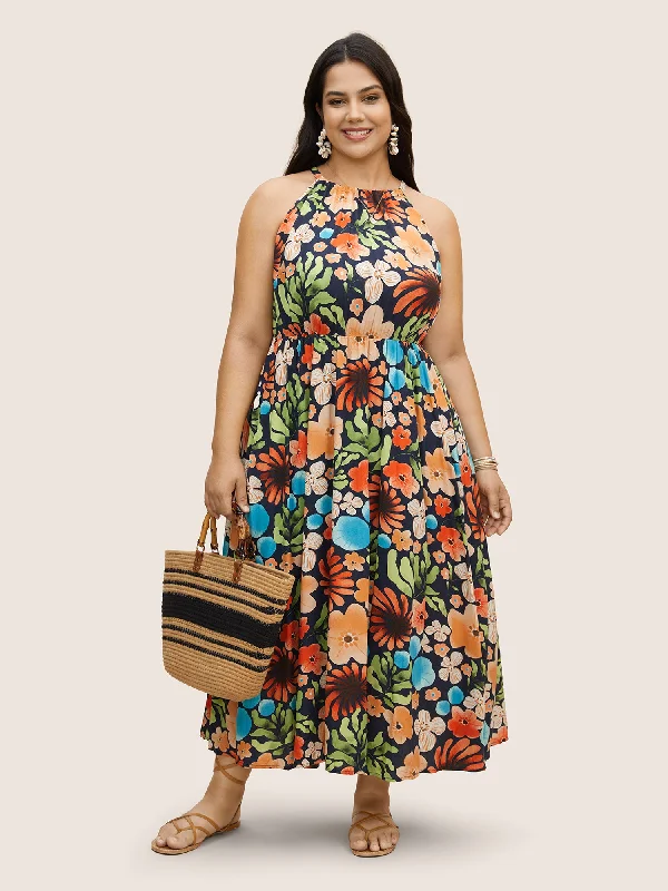 draped dressFloral Printed Patchwork Side Seam Pocket Dress