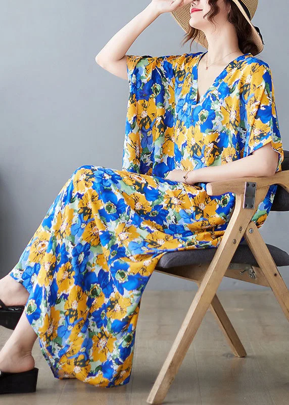 oversized dressBeautiful V Neck Print Satin Long Dresses Short Sleeve