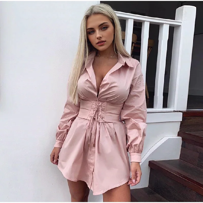 long sleeve dressJulia Fashion - Solid Long Sleeve Women Shirt Dress