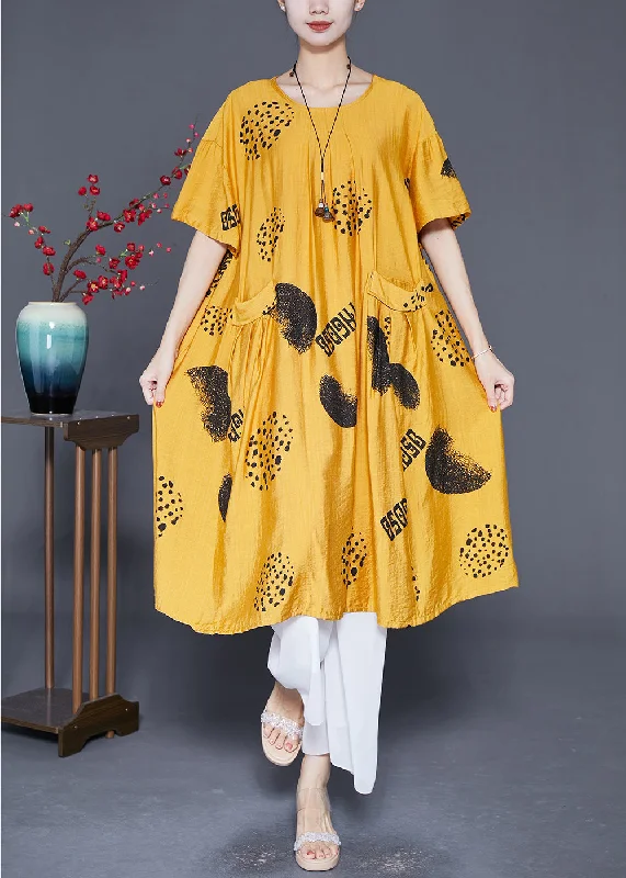 trendy bodycon dressBoutique Yellow Oversized Print Pockets Linen Silk Dresses Summer