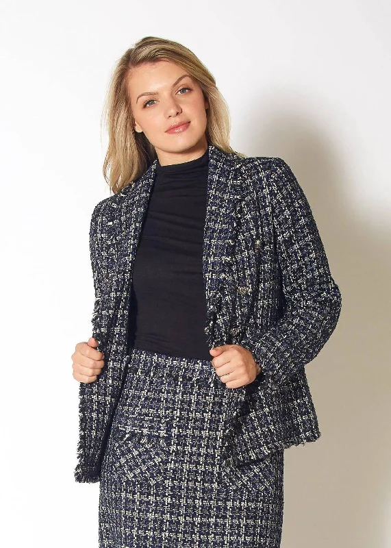 chic coatWomen's Tweed Fringe Hem Blazer Jacket in Navy Tweed