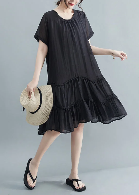 sleek midi dressCasual Black O-Neck Patchwork Wrinkled Cotton Dresses Summer