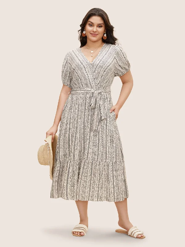 casual summer dressStriped Wrap Ruffle Hem Belted Dress