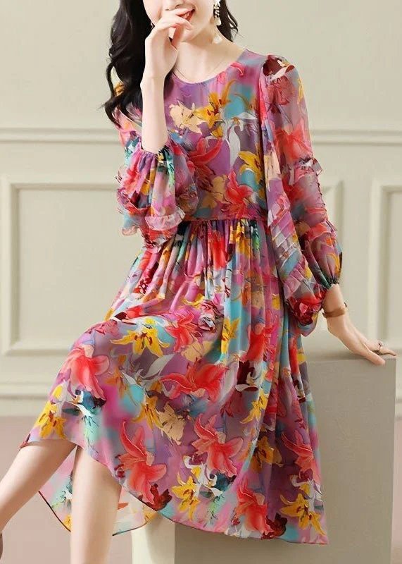 fitted dressPlus Size Floral O Neck Wrinkled Patchwork Chiffon Long Dress Summer