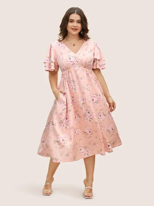 ashionable dressFloral Elastic Waist Tiered Ruffle Sleeve Dress