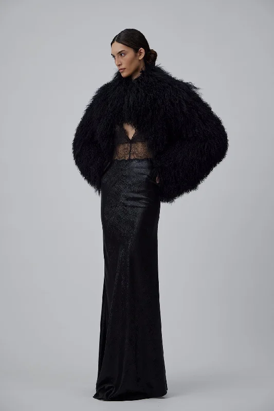 faux fur coatSHORT SHEARLING FUR COAT IN GLOSSY BLACK