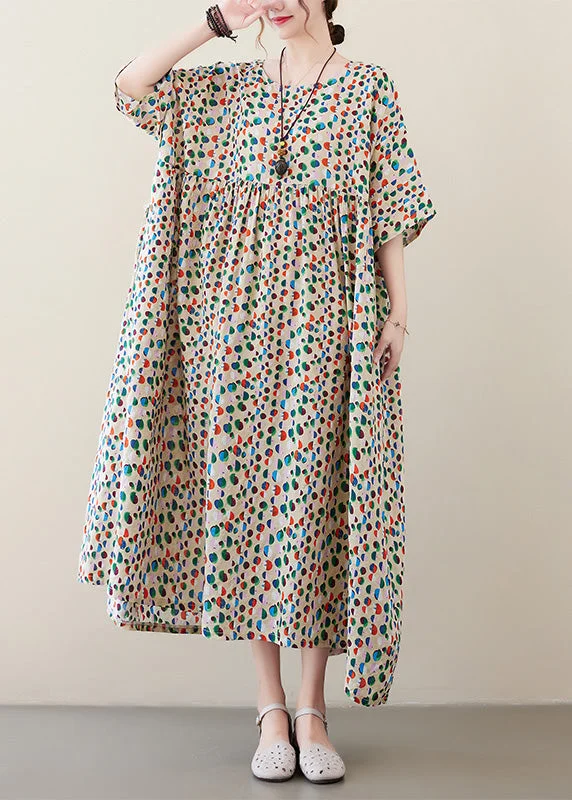 vintage dressBeautiful Dot Print Patchwork Cotton Vacation Long Dresses Short Sleeve