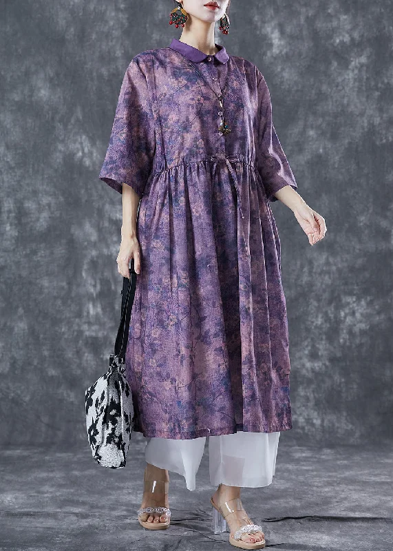 casual midi dressFrench Purple Cinched Tie Dye Linen Dress Summer