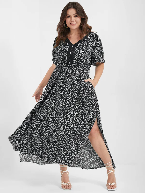 lace-up dressDitsy Floral Button Lace Pocket Split Ruffles Maxi Dress