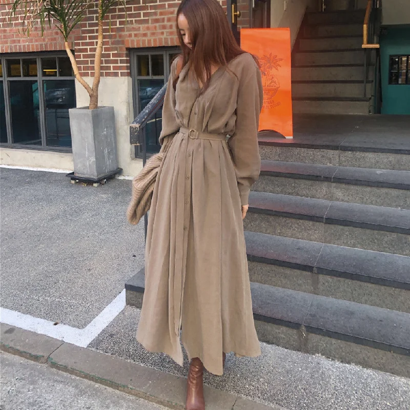 boho-chic dressJulia Fashion - Elegant V-Neck Belt Long Sleeve Breasted Dress