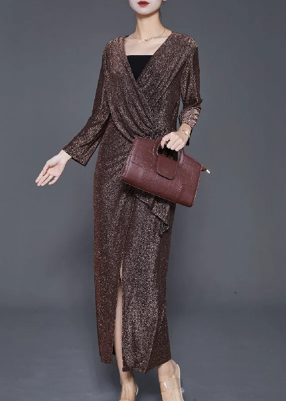 oversized dressWomen Brown Asymmetrical Side Open Silk Velour Dresses Fall