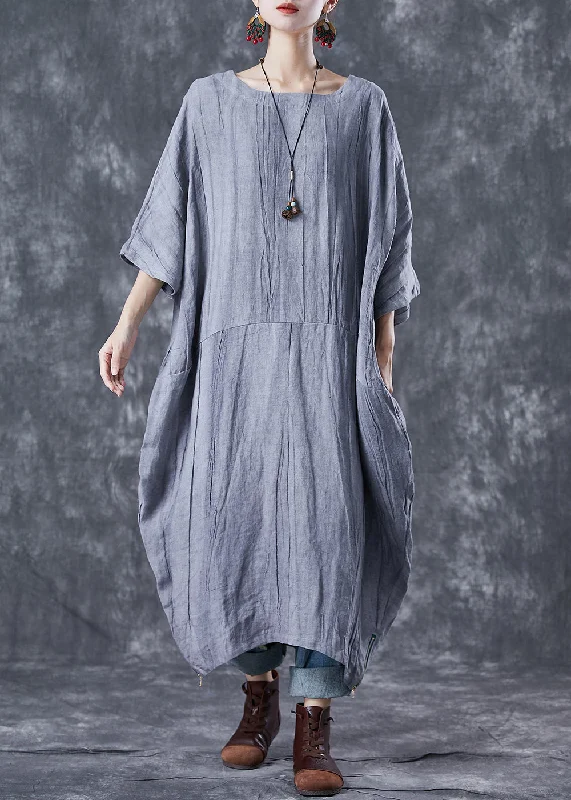 floral wrap dressFrench Grey Oversized Patchwork Linen Dresses Batwing Sleeve