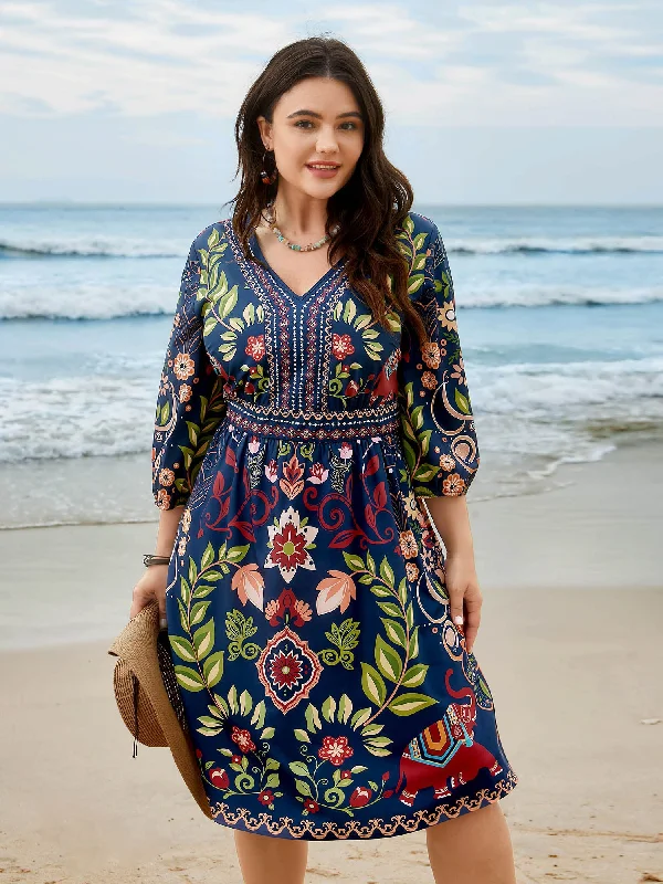 long-sleeve floral dressBoho Print V-Neck Pockets Midi Dress