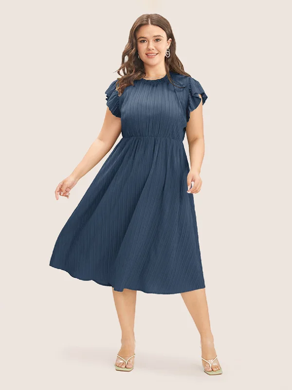 comfy dressPlain Cap Sleeve Ruffles Trim Mock Neck Pocket Dress