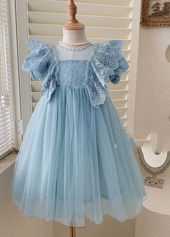 pleated maxi dressHandmade Blue O-Neck Patchwork Nail Bead Tulle Girls Maxi Dress Summer