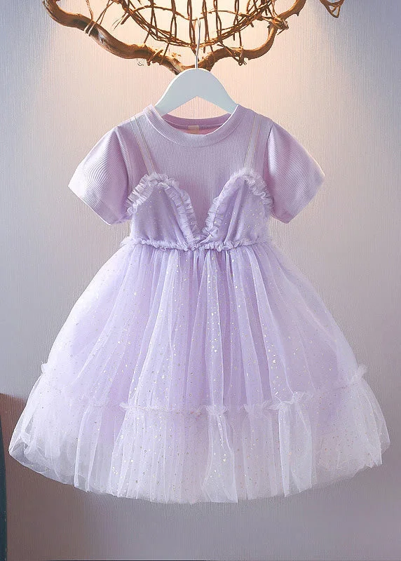 satin dressCute Purple Patchwork Wrinkled Tulle Kids Long Dress Short Sleeve