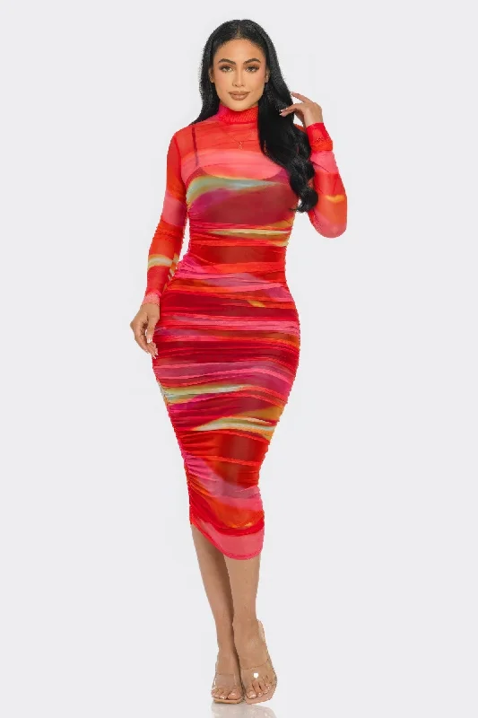 evening dressGlitch Print Mesh Ruched Midi Dress