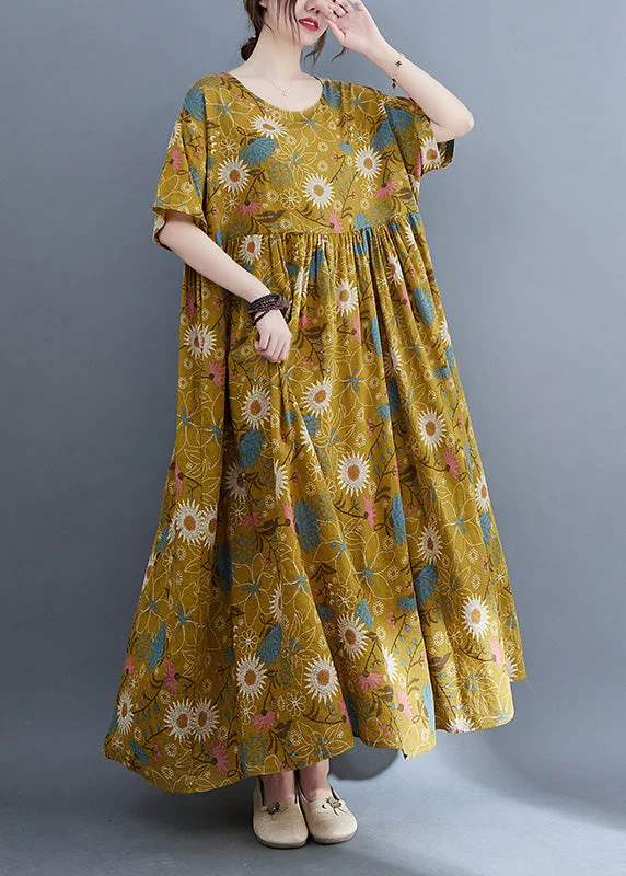 backless dressPlus Size Yellow Print Wrinkled Holiday Long Dresses Summer