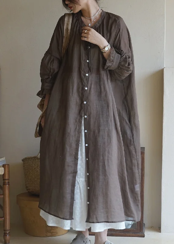 flowy maxi dressWomen Coffee Ruffled Button Cotton Shirt Long Dresses Long Sleeve