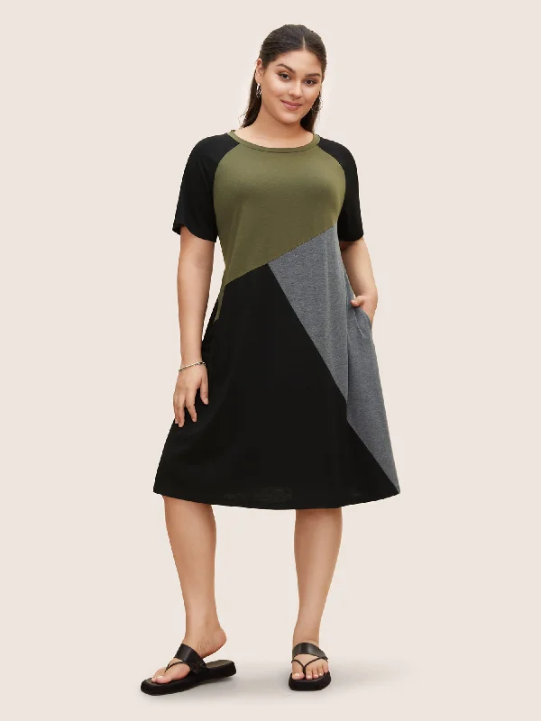 satin dressRound Neck Colorblock Contrast Raglan Sleeve Dress