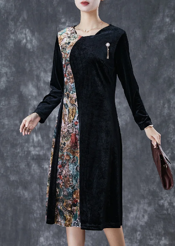 t-shirt dressBeautiful Black Exra Large Hem Patchwork Silk Velour Vacation Dresses Fall