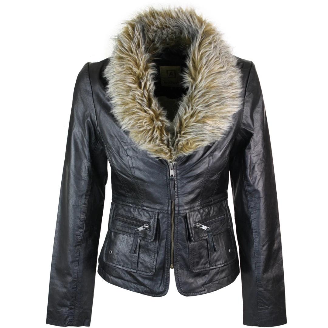 trendy casual outerwearLadies Real New Vintage Short Black Leather Jacket Coat Faux Fur Collar