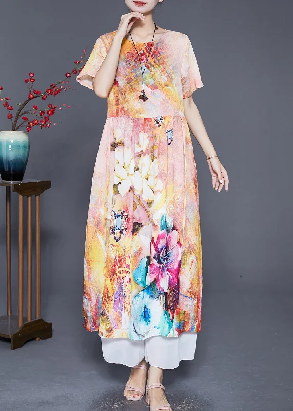 satin midi dressBeige Print Linen Robe Dresses Oversized Low High Design Summer