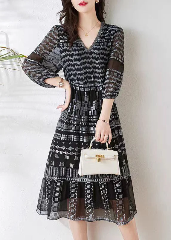 wrap-around dressLoose Black V Neck Print Chiffon Long Dress Summer