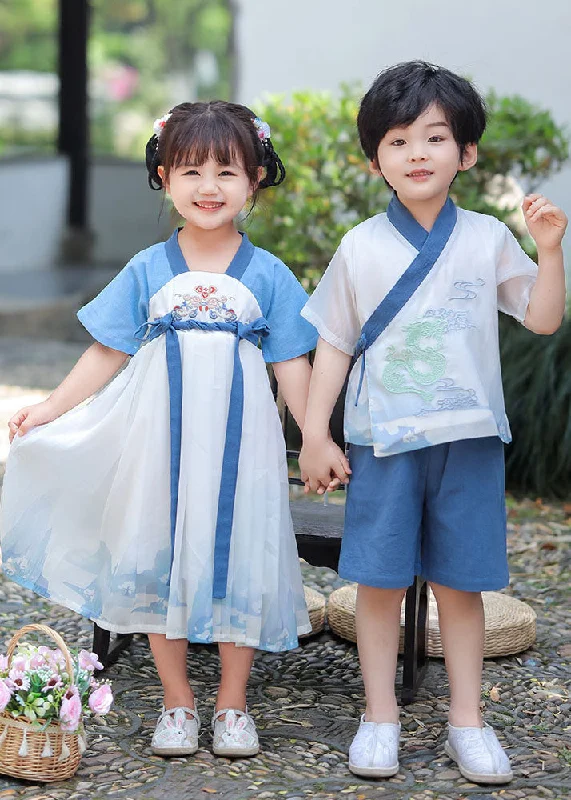 pleated maxi dressChic Blue Embroideried Patchwork Cotton Baby Girls Dress Summer