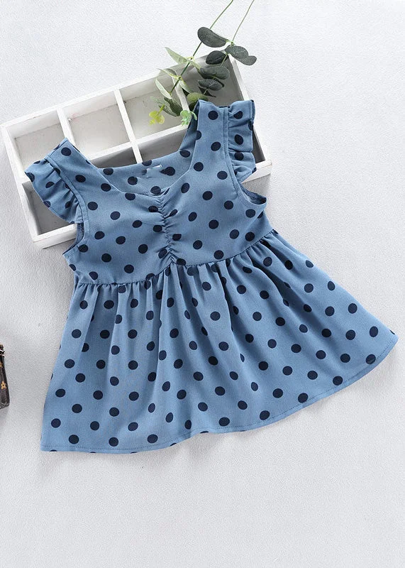 wool dressFashion Baby Blue O-Neck Dot Print Patchwork Girls Vacation Long Dress Sleeveless