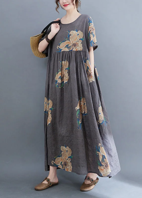 relaxed fit dressUnique Grey O-Neck Print Patchwork Robe Dresses Summer