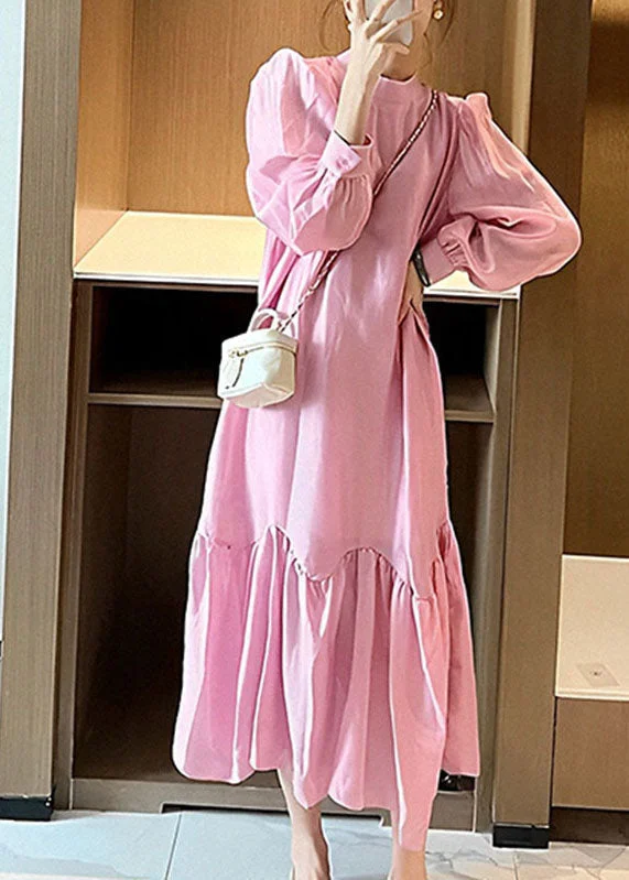 party-ready dressCute Pink O-Neck Patchwork Wrinkled Long Dress Spring