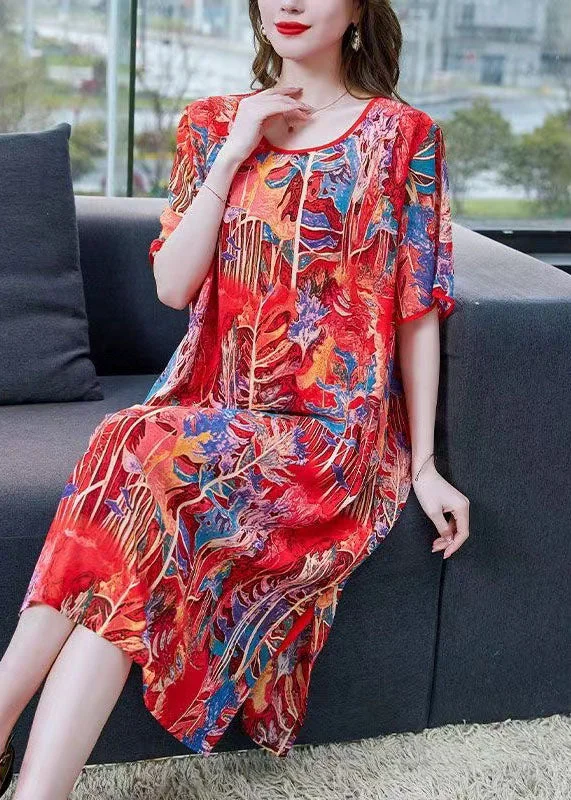 cocktail party dressBohemian Red O Neck Print Patchwork Silk Mid Dress Summer