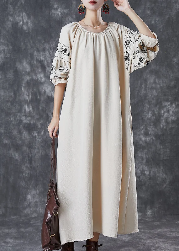 textured dressBoutique Beige O-Neck Oversized Cotton Maxi Dresses Puff Sleeve