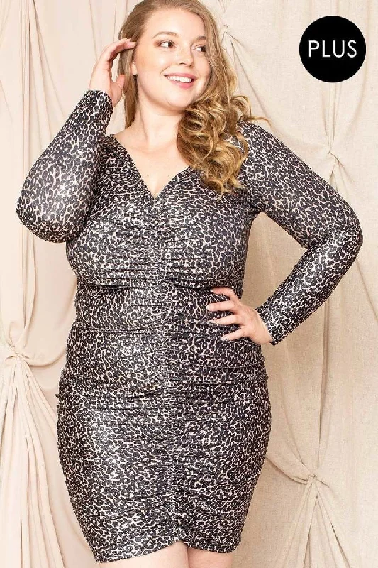 draped dressLeopard Print Shirring Plus Size Mini Dress