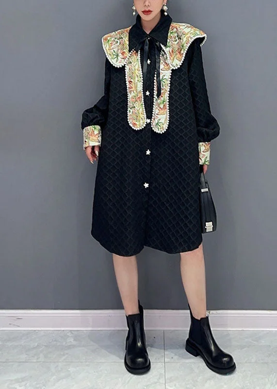 summer dressJacquard Black Peter Pan Collar Patchwork Button Maxi Dress Long Sleeve