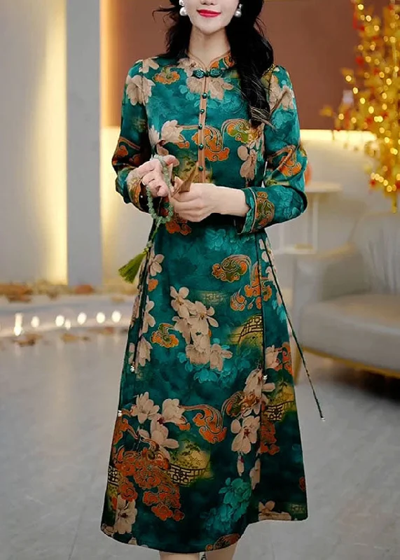 mini dressNatural Stand Collar Print High Waist Silk Long Dress Fall