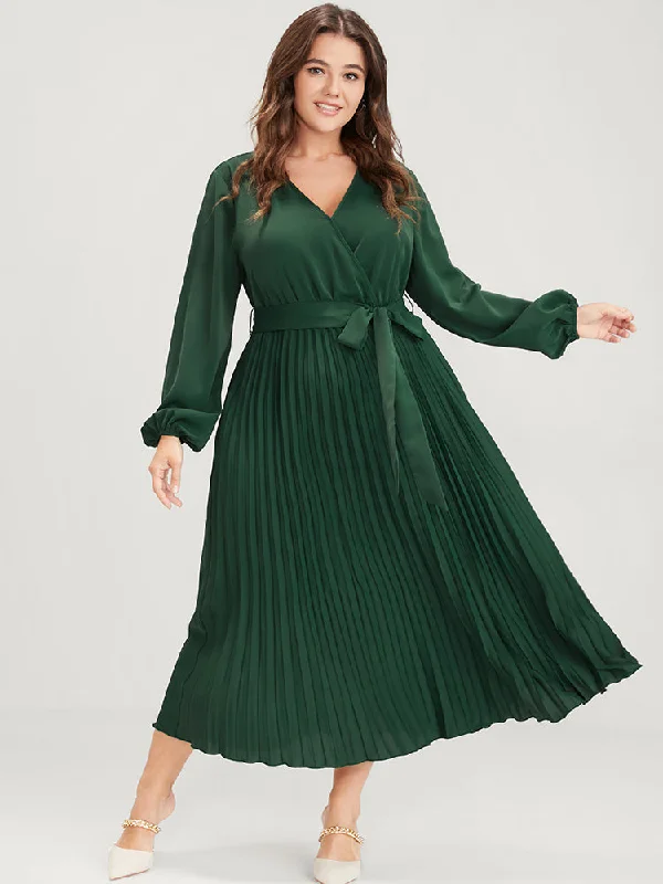 flowy maxi dressSolid Lantern Sleeve Belted Pleated Wrap Dress