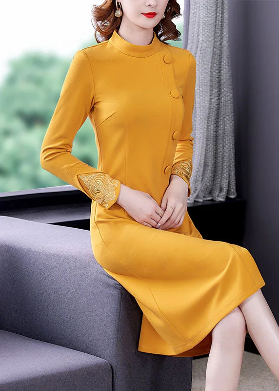 statement dressElegant Yellow O-Neck Embroidered Button Maxi Dress Fall